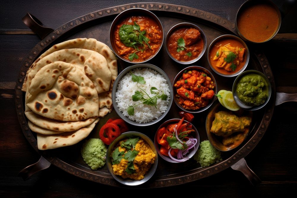 Assorted indian food vegetable appetizer flatbread.